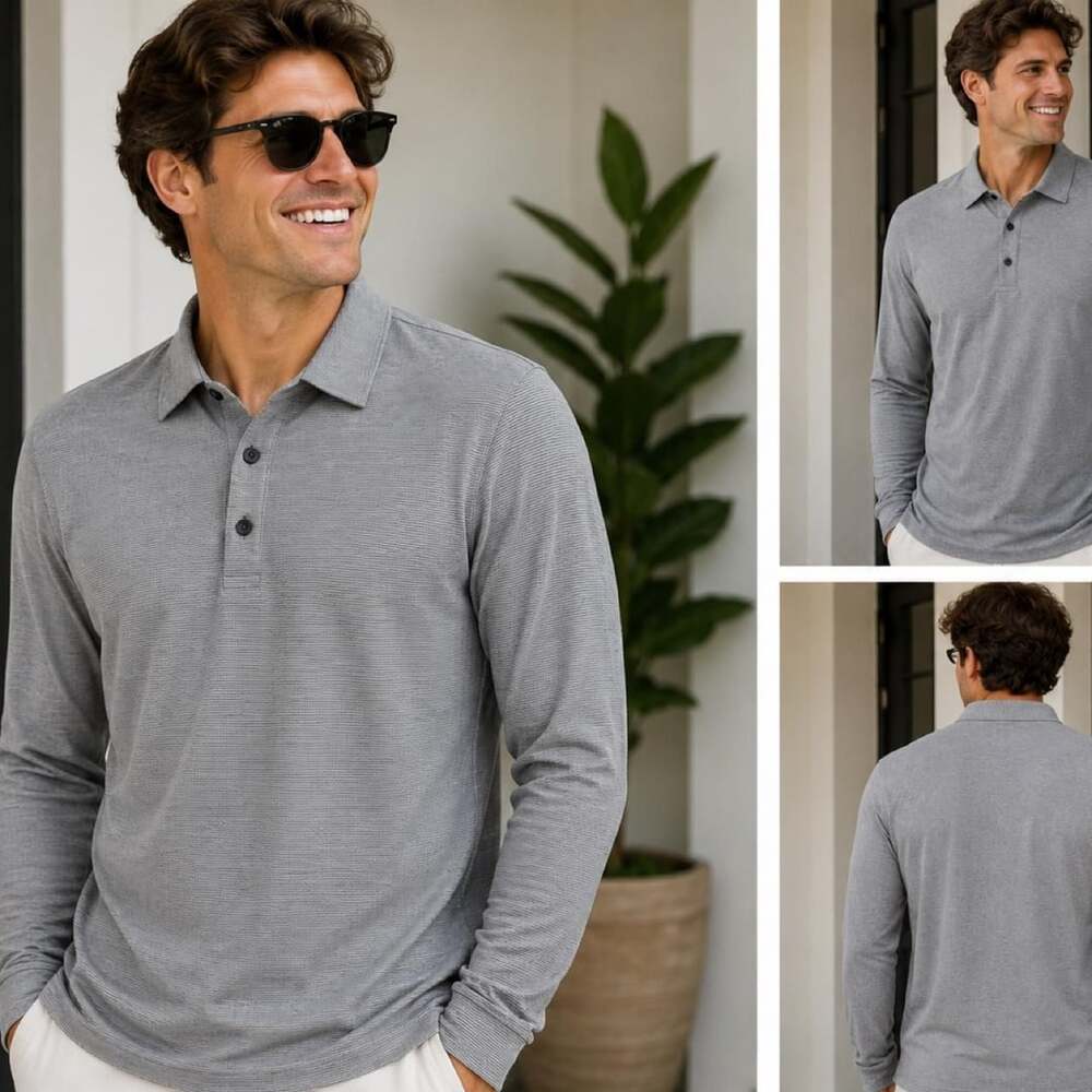 Walter Hagen 11 Long Sleeve Golf Polo Shirt Small Gray Micro Check